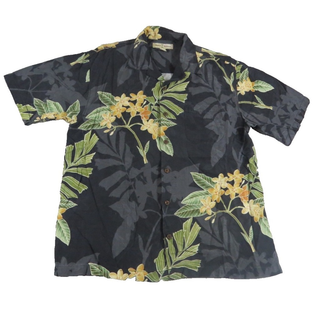 Tommy Bahama Shirt Men M Black Silk Floral Plumeria Hawaiian Camp Button Up Palm